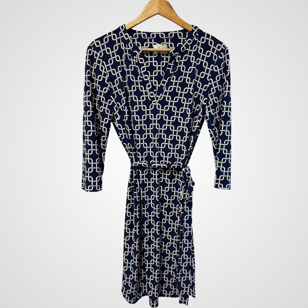 JM Collection Womens Navy White Geometric Link Faux Wrap Dress 3/4 Sleeve XL